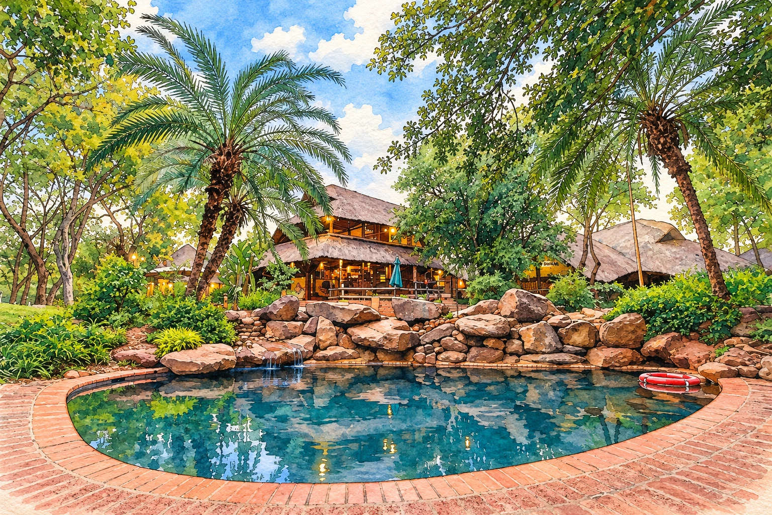 Illustration · Lokuthula Lodges · pool and thatched lodges